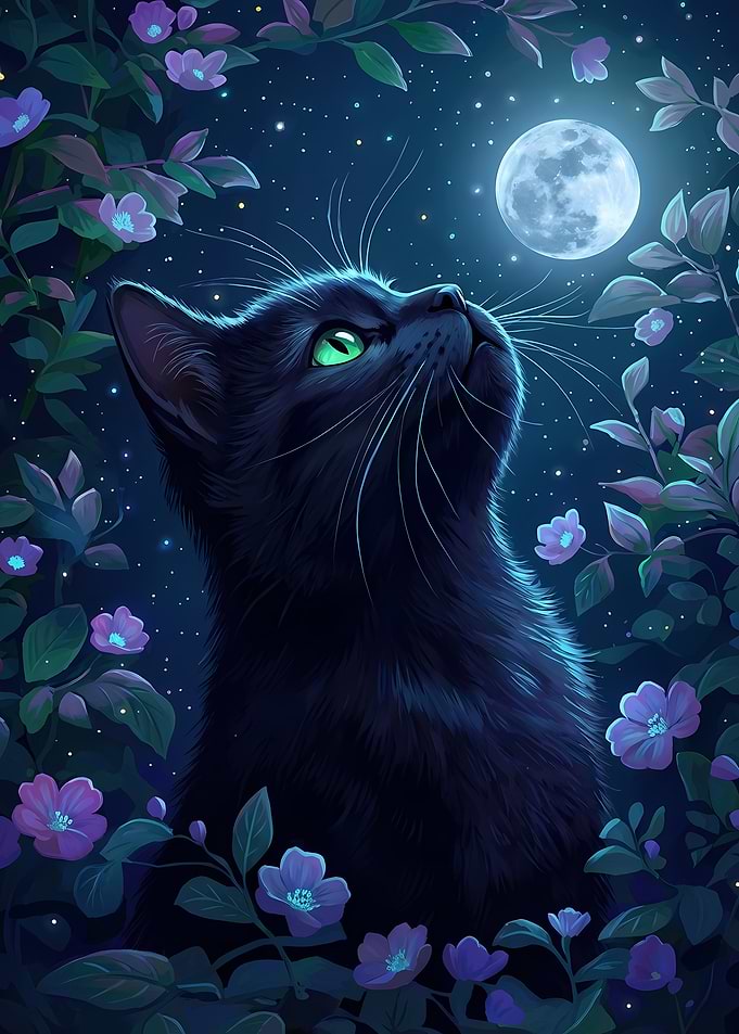 Black Cat Gazing at the Moon