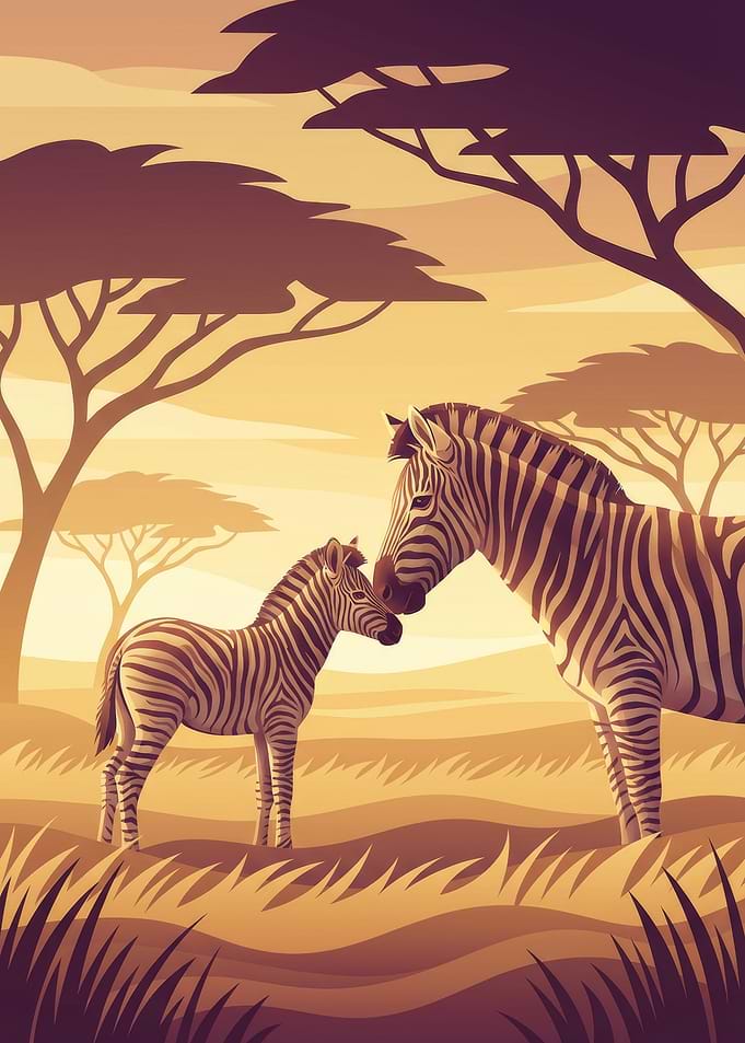Zebra Family in African Landscape