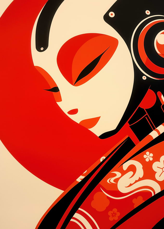 Abstract Cyber Geisha Portrait in Red and Black