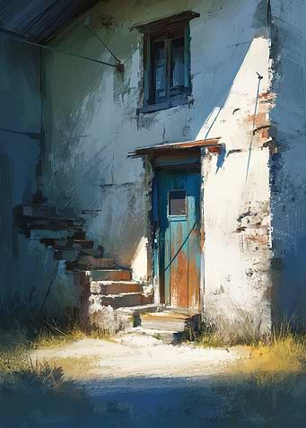 Old House with Blue Door Painting