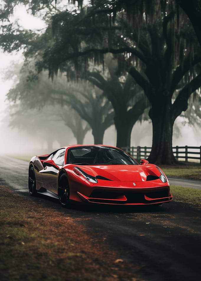 Red Ferrari on Foggy Road