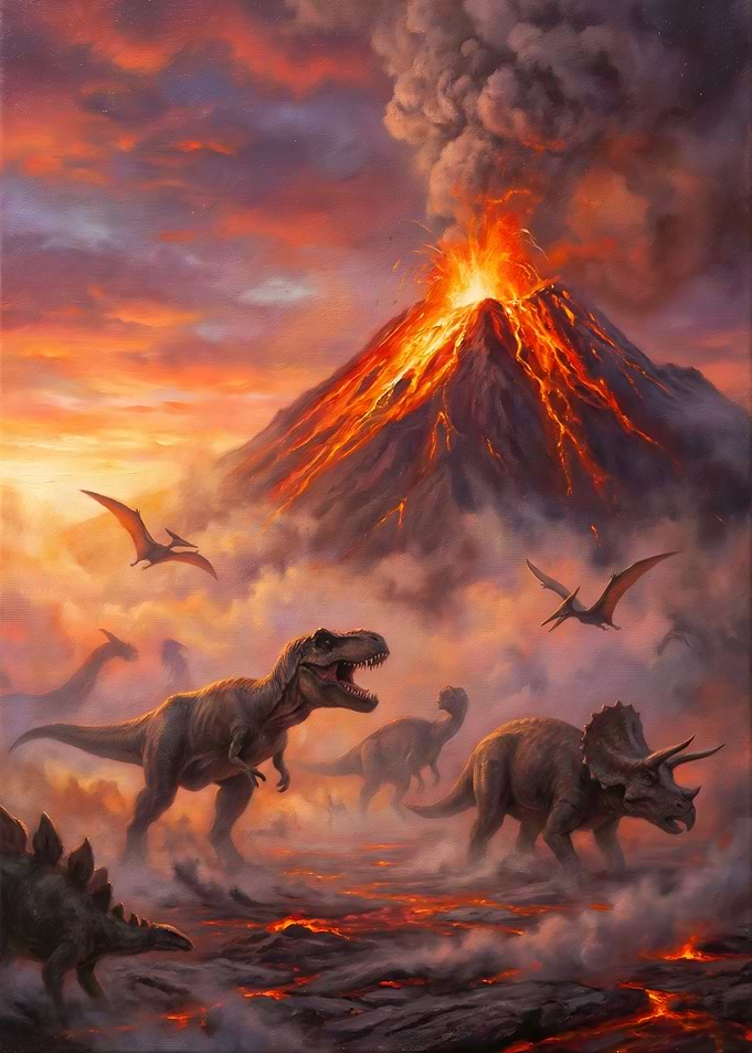 Dinosaurs and Volcano Eruption Painting