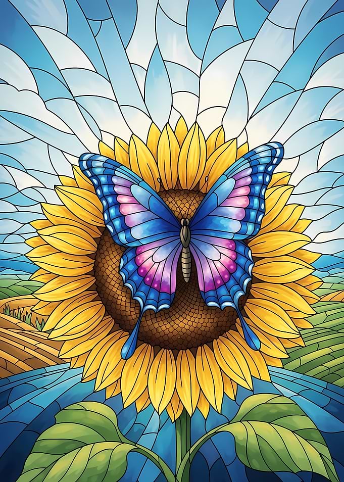 Butterfly on Sunflower Stained Glass Style
