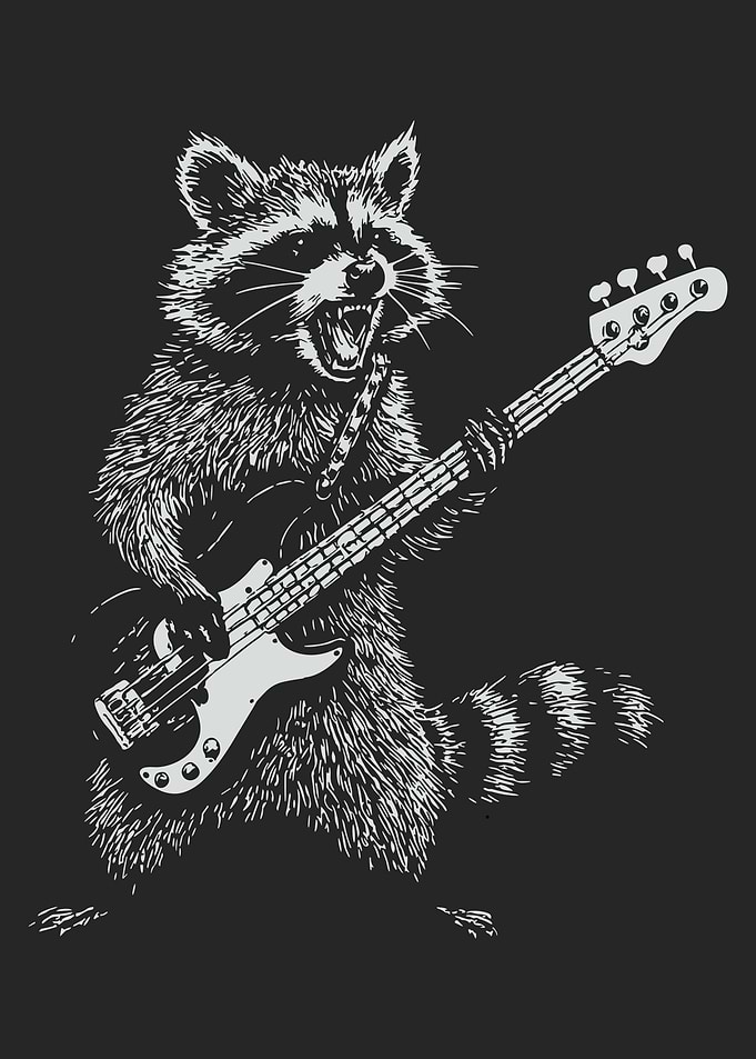 Rock Raccoon Bass Guitar Poster, Funny Music Wall Art, Black and White Animal Illustration