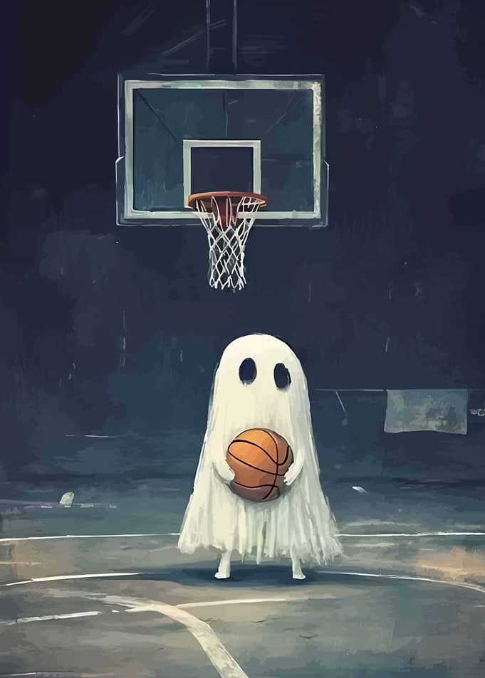 Ghost playing basketball on a court