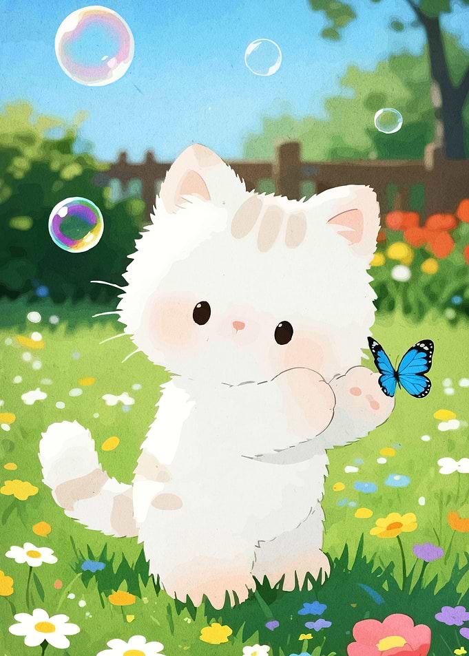 Cute Kitten with Butterfly in Garden