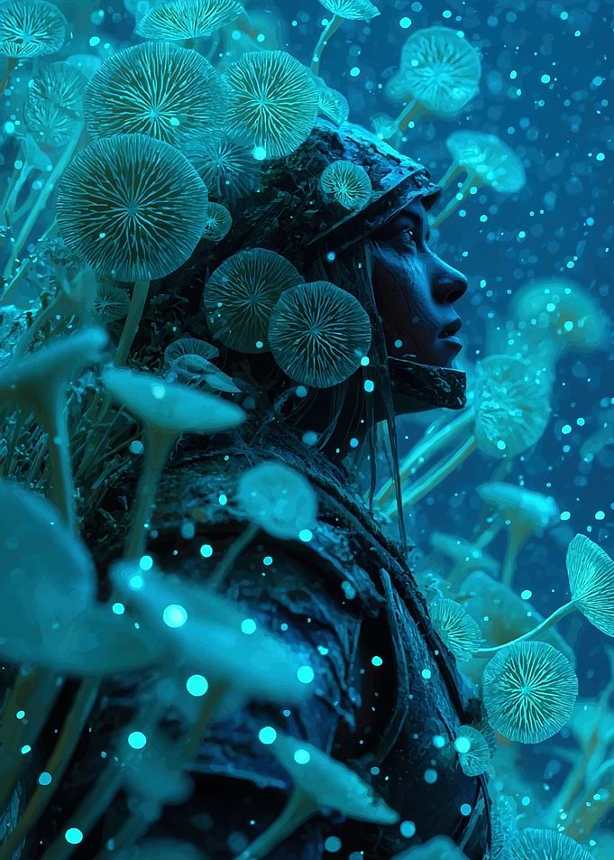 Mystical Woman in Mushroom Forest