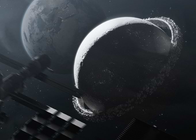 Ringed Moon and Earth in Space