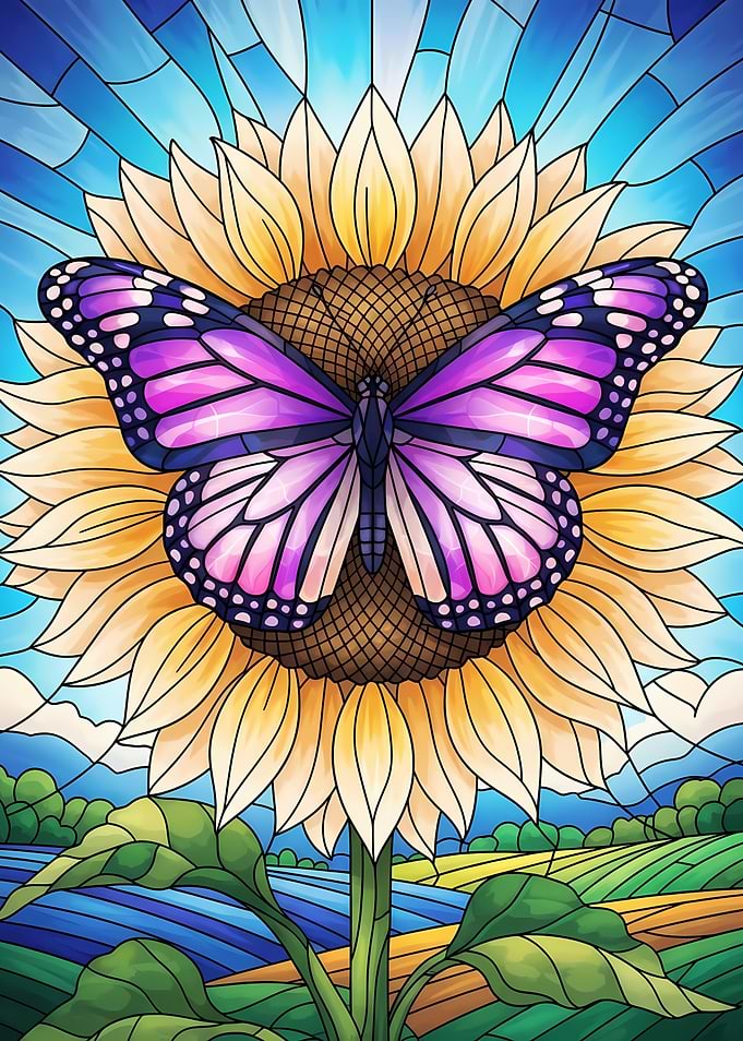 Butterfly on Sunflower Stained Glass Style