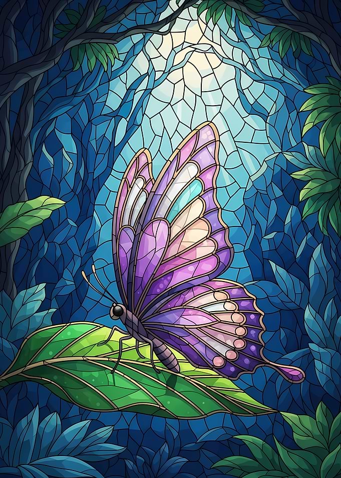 Butterfly on Leaf Stained Glass Style