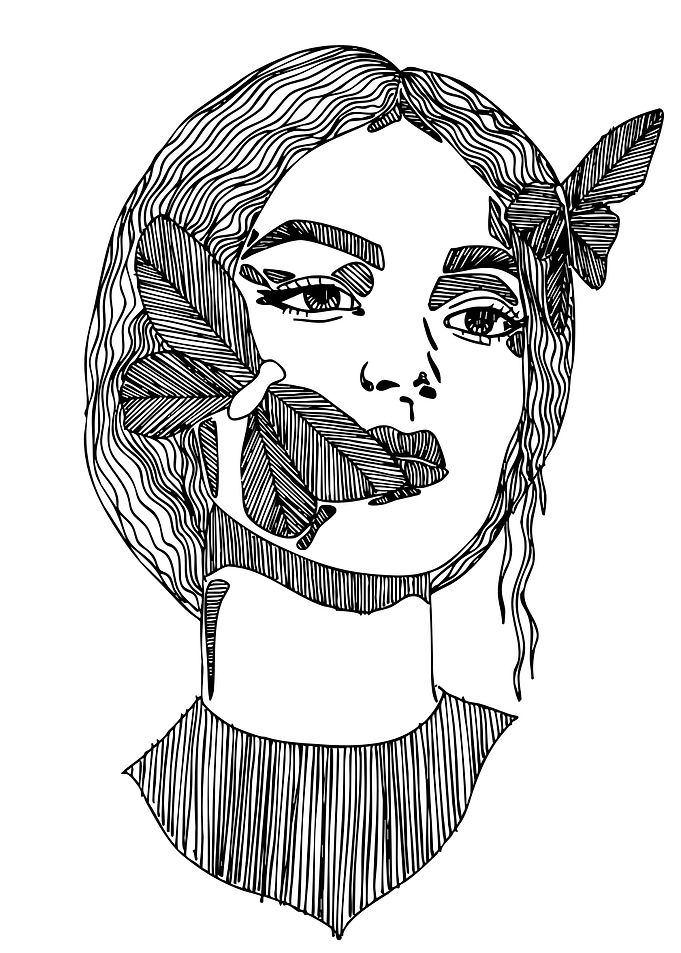 Woman with Butterflies Line Art Portrait