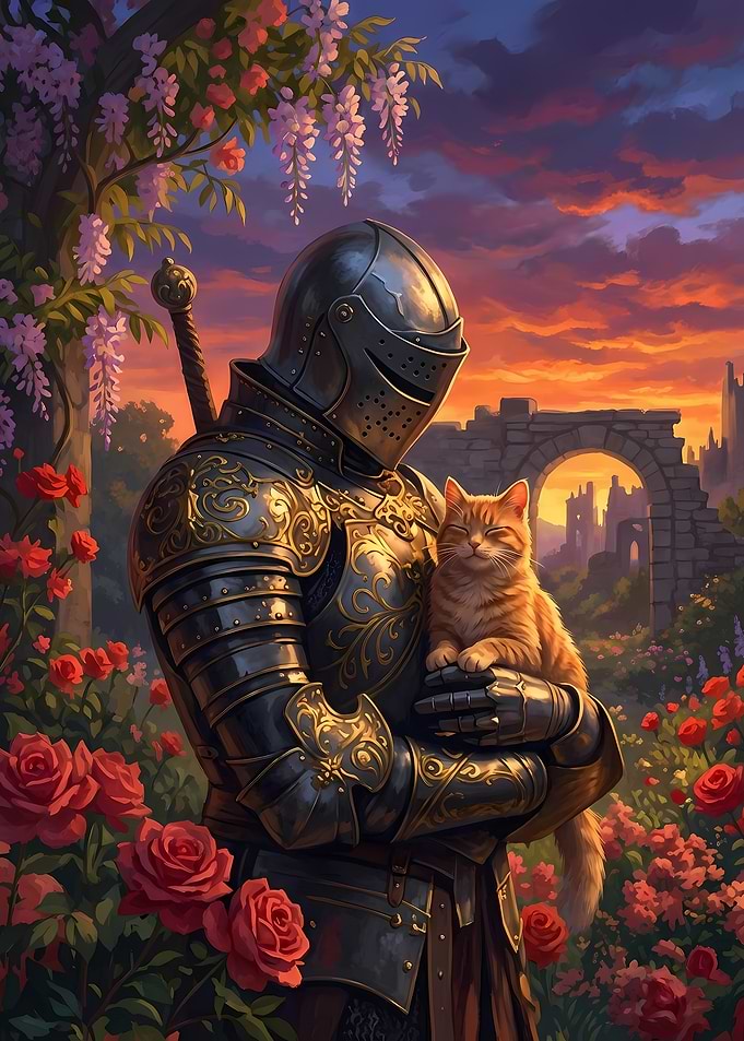 Knight holding a cat in garden