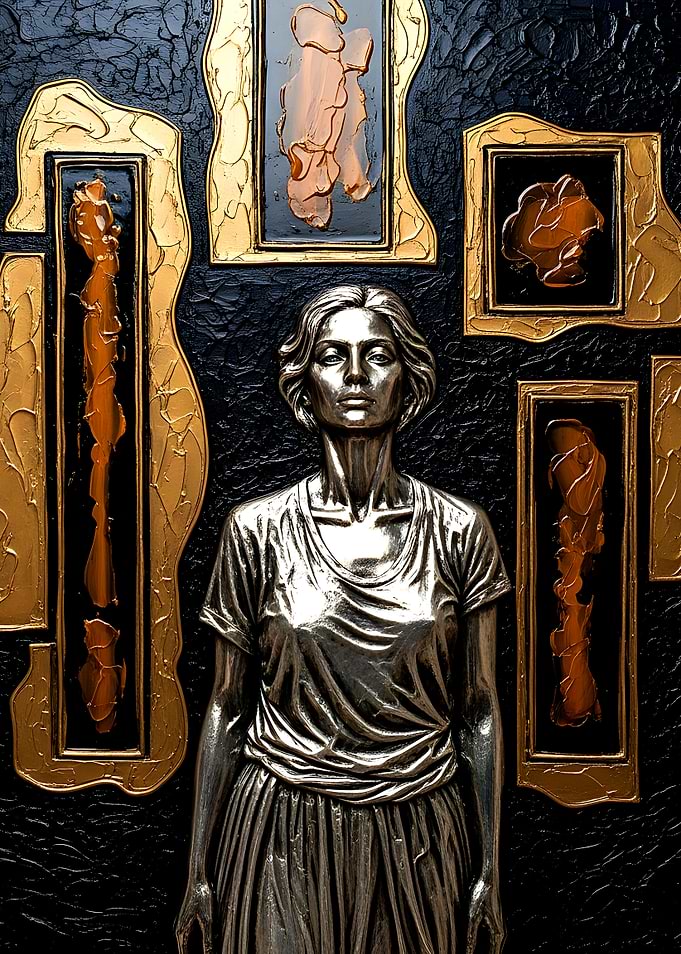 Silver Muse in Golden Frames - 3D Modern Relief Art