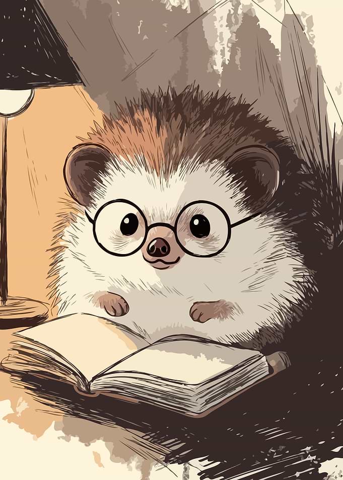 Hedgehog Reading Book Under Lamp