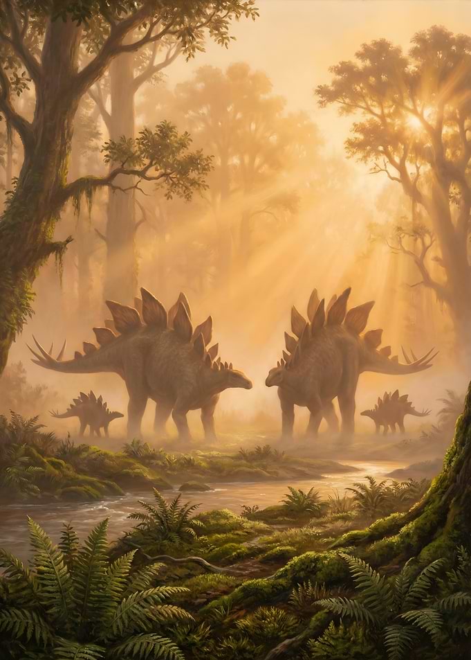Stegosaurus family in prehistoric forest