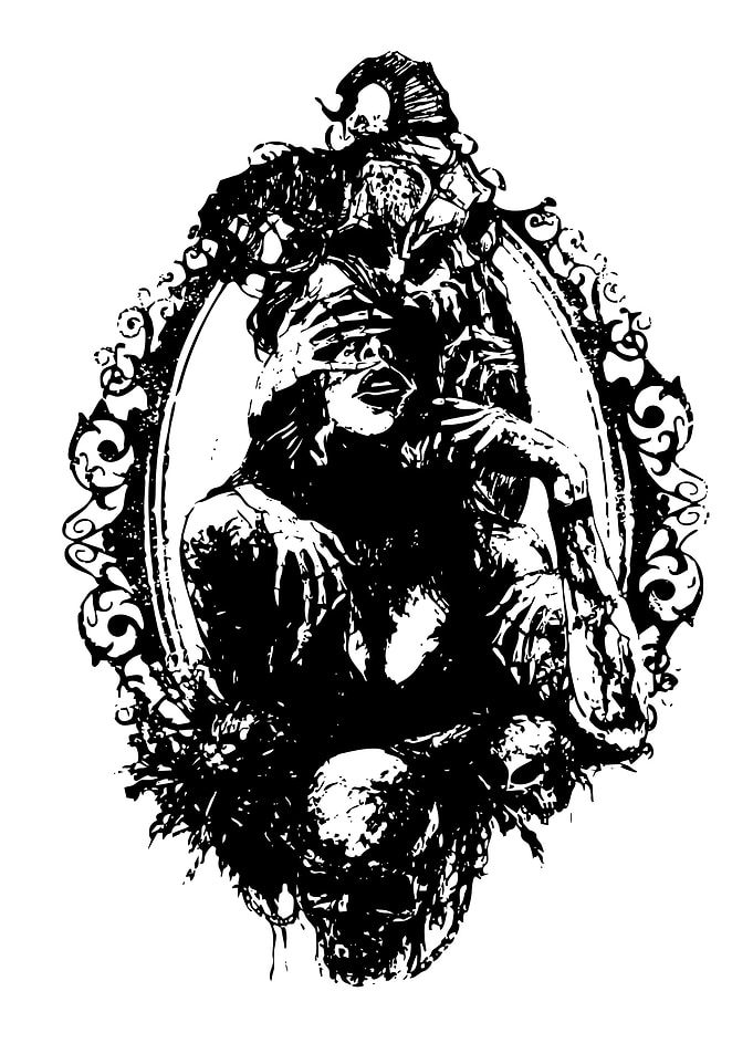 Blindfolded Woman with Skulls Illustration