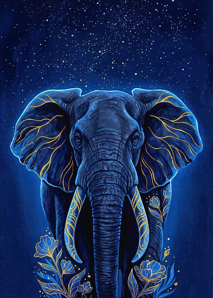 Blue Elephant with Golden Accents