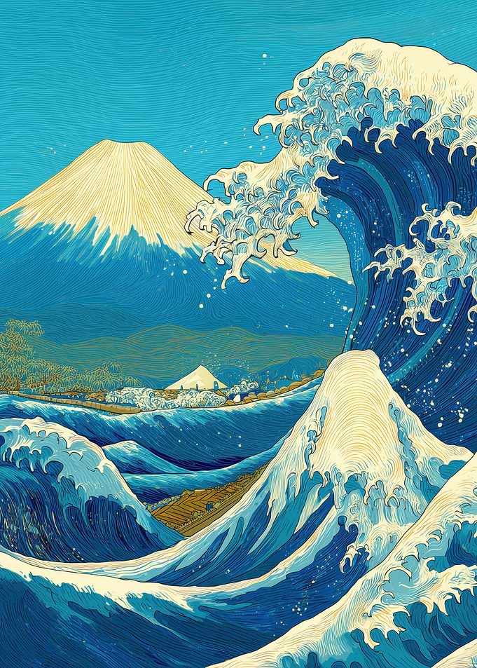 Japanese Wave and Mountain Landscape Art