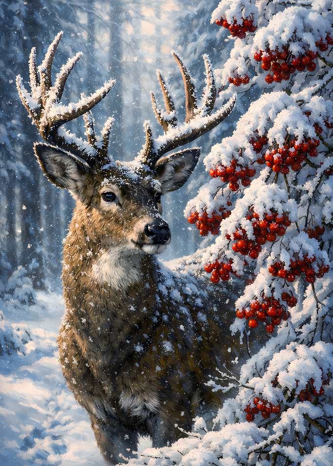 Snowy Deer in Winter Forest