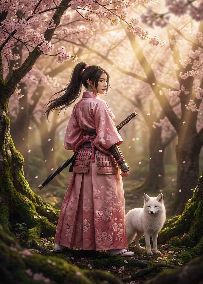 Samurai Girl with Fox in Cherry Blossom