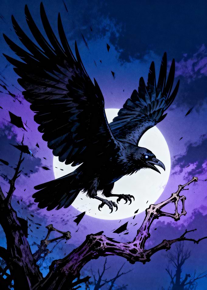 Raven in Flight Against Full Moon