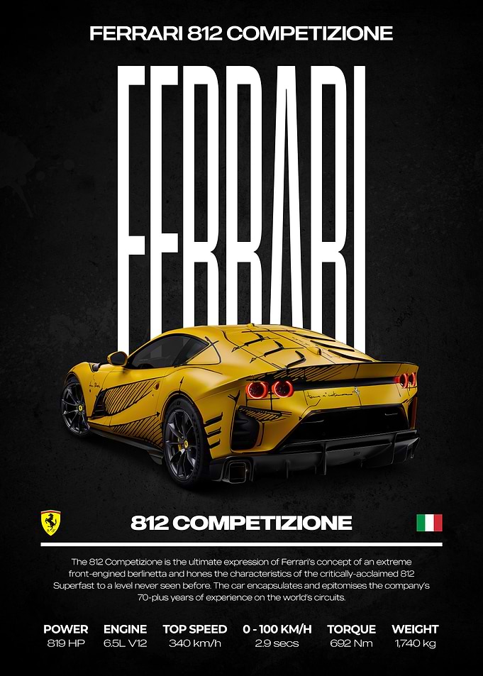 Ferrari 812 Competizione Yellow Car Poster