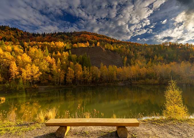 Autumn Lake View with Wooden Bench, Poland