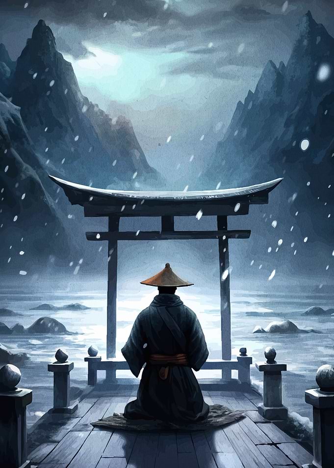 Meditating Monk in Snowy Landscape