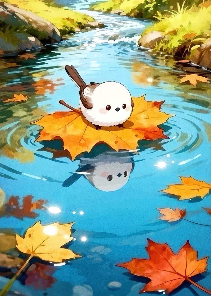 Cute Bird on Autumn Leaf in Water
