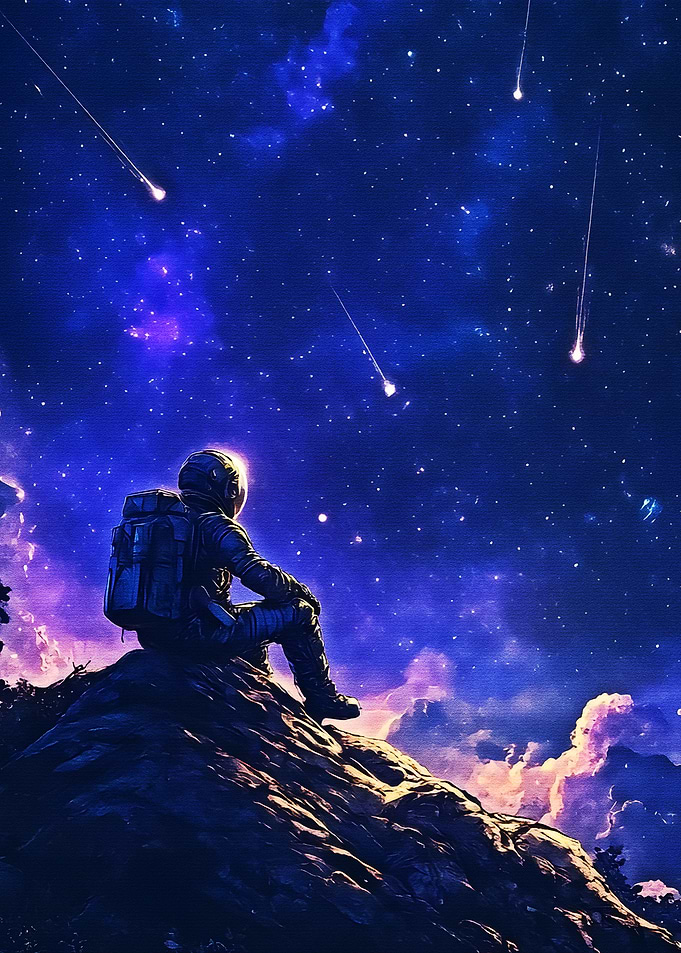 Astronaut Gazing at Shooting Stars