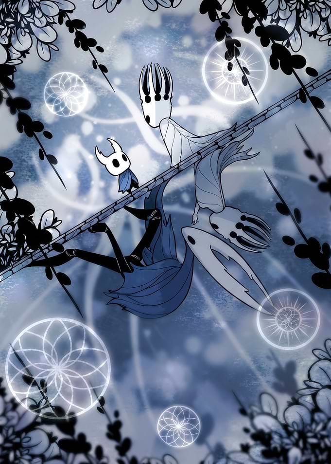 Hollow Knight characters on a branch