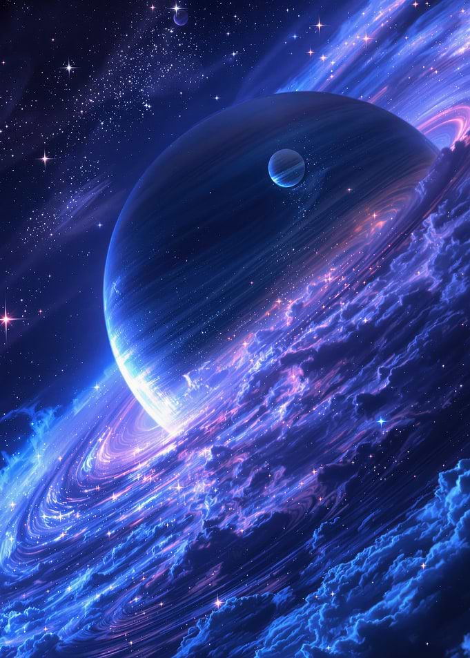 Cosmic Planet with Rings and Nebula