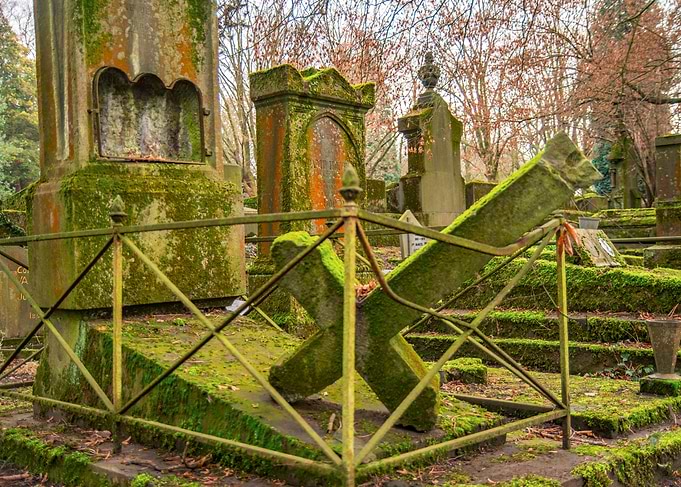 Mossy Cemetery Scene with Fallen Cross