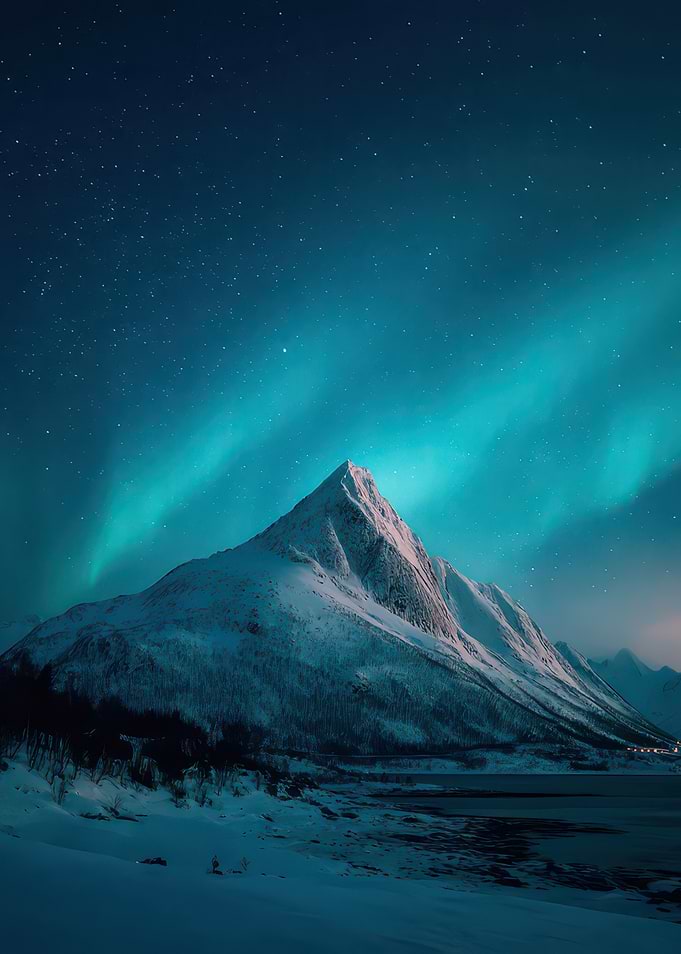 Aurora Borealis over Snowy Mountain Peak