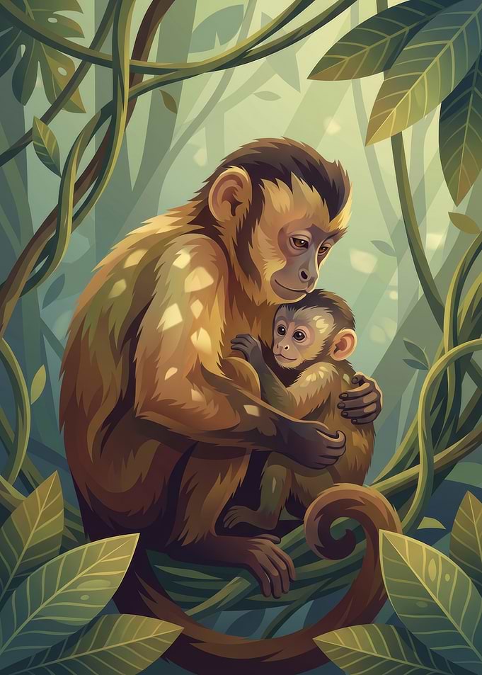 Monkey mother and baby in jungle