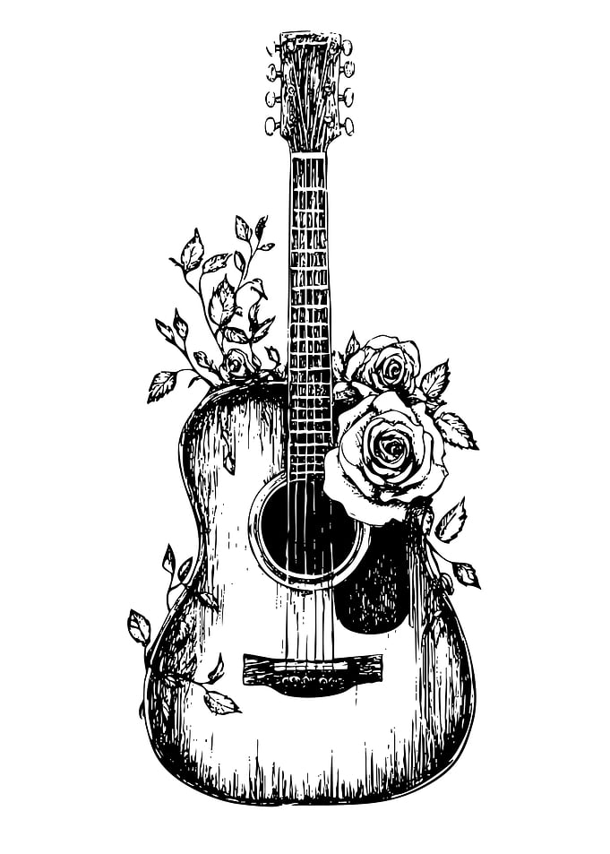 Guitar with Roses Black and White