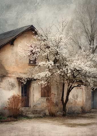 Old House with Blossoming Tree