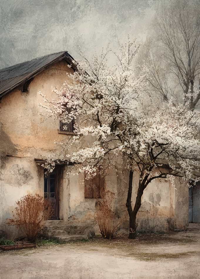 Old House with Blossoming Tree
