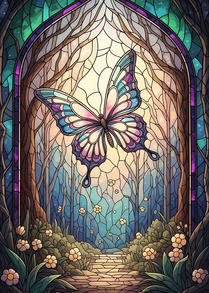 Stained Glass Butterfly Forest Scene