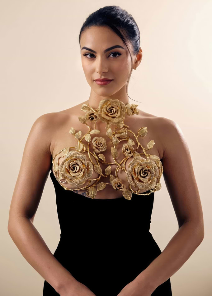camila mendes in Black Dress with Gold Roses