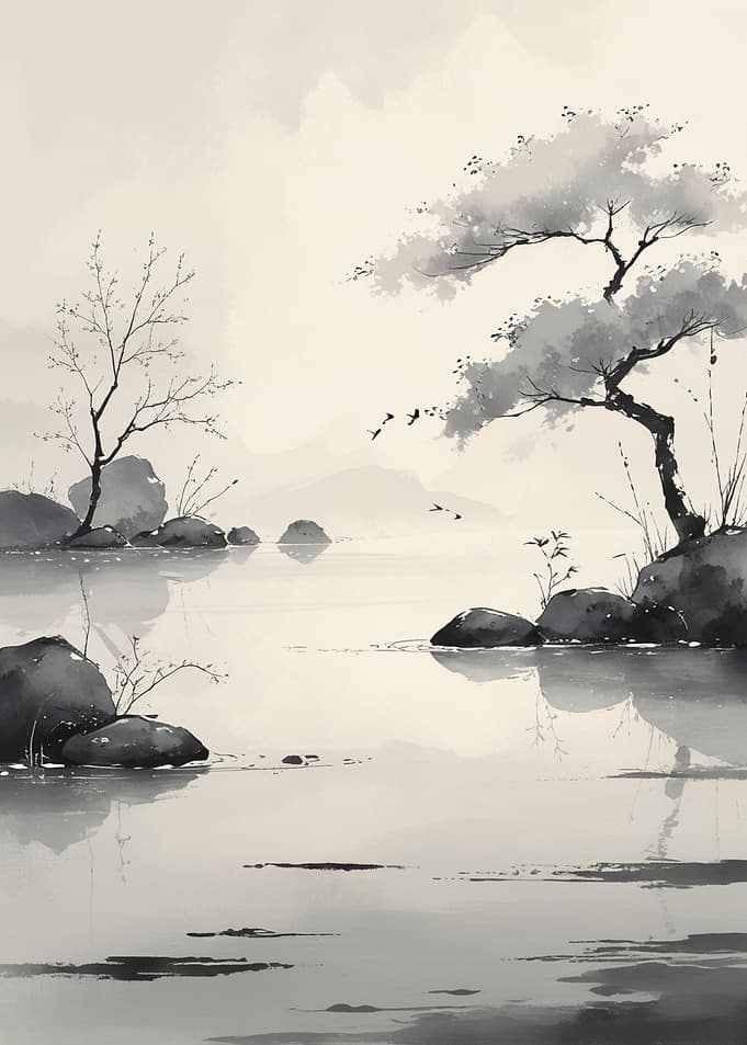 Monochrome Serene Lake Landscape Painting