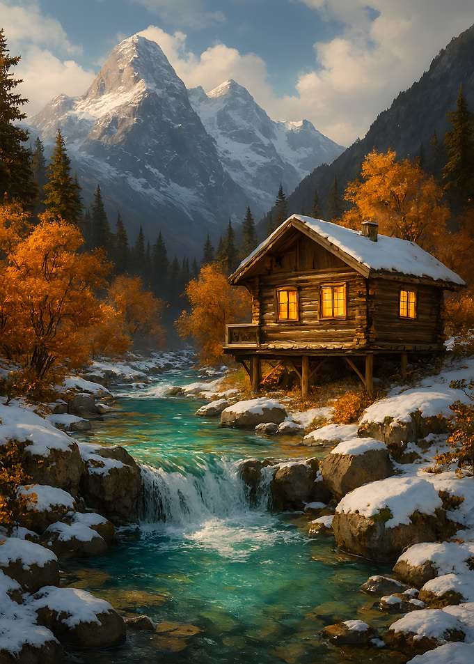 Cabin by the River in Winter