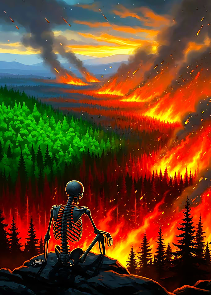 Skeleton watching forest fire