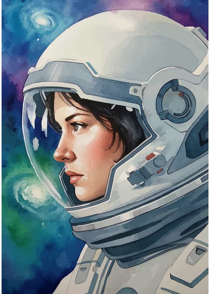 Astronaut Woman Watercolor Portrait