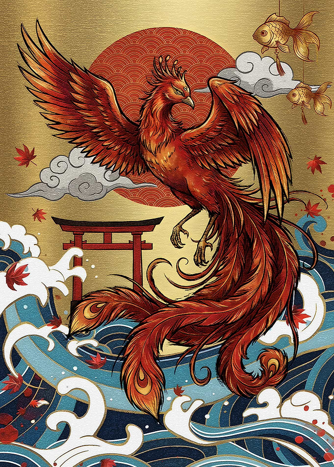 Phoenix Rising in Japanese Art Style
