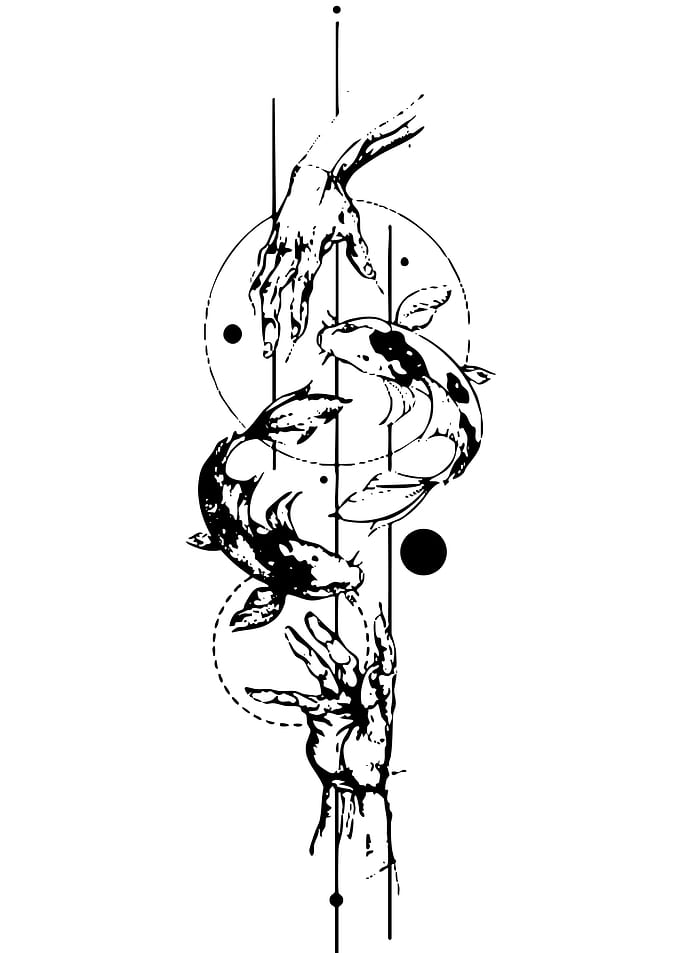 Koi Fish and Hands Line Art