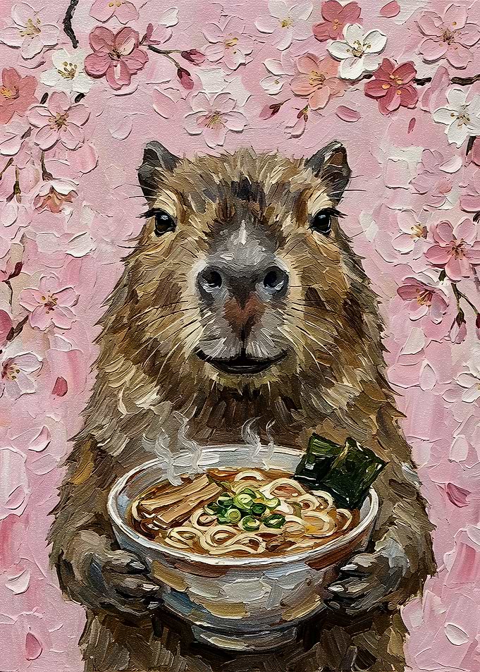 Capybara with Ramen and Cherry Blossoms
