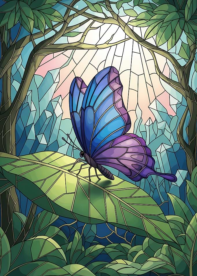 Stained Glass Butterfly on Leaf