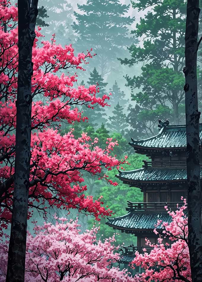 Japanese Pagoda with Cherry Blossoms