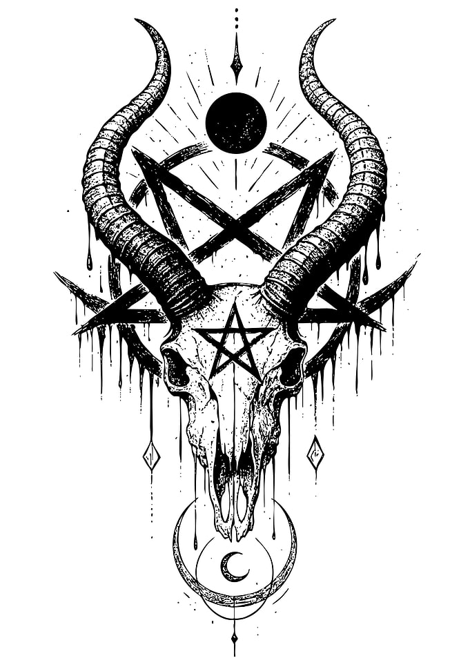 Goat Skull with Pentagram and Moon